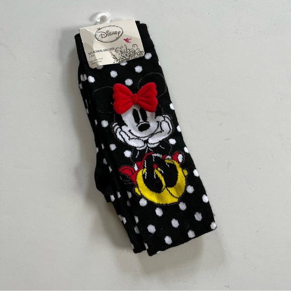 Disney Minnie Mouse 3D Knee-Highs - Sizes 9-11 - Black Socks White Polka Dots - Picture 1 of 6